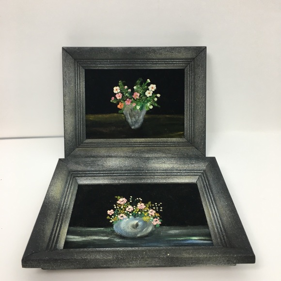 Vintage Other - VTG Floral Acrylic Velvet Paintings Set of 2 Black Frame Original Cottagecore